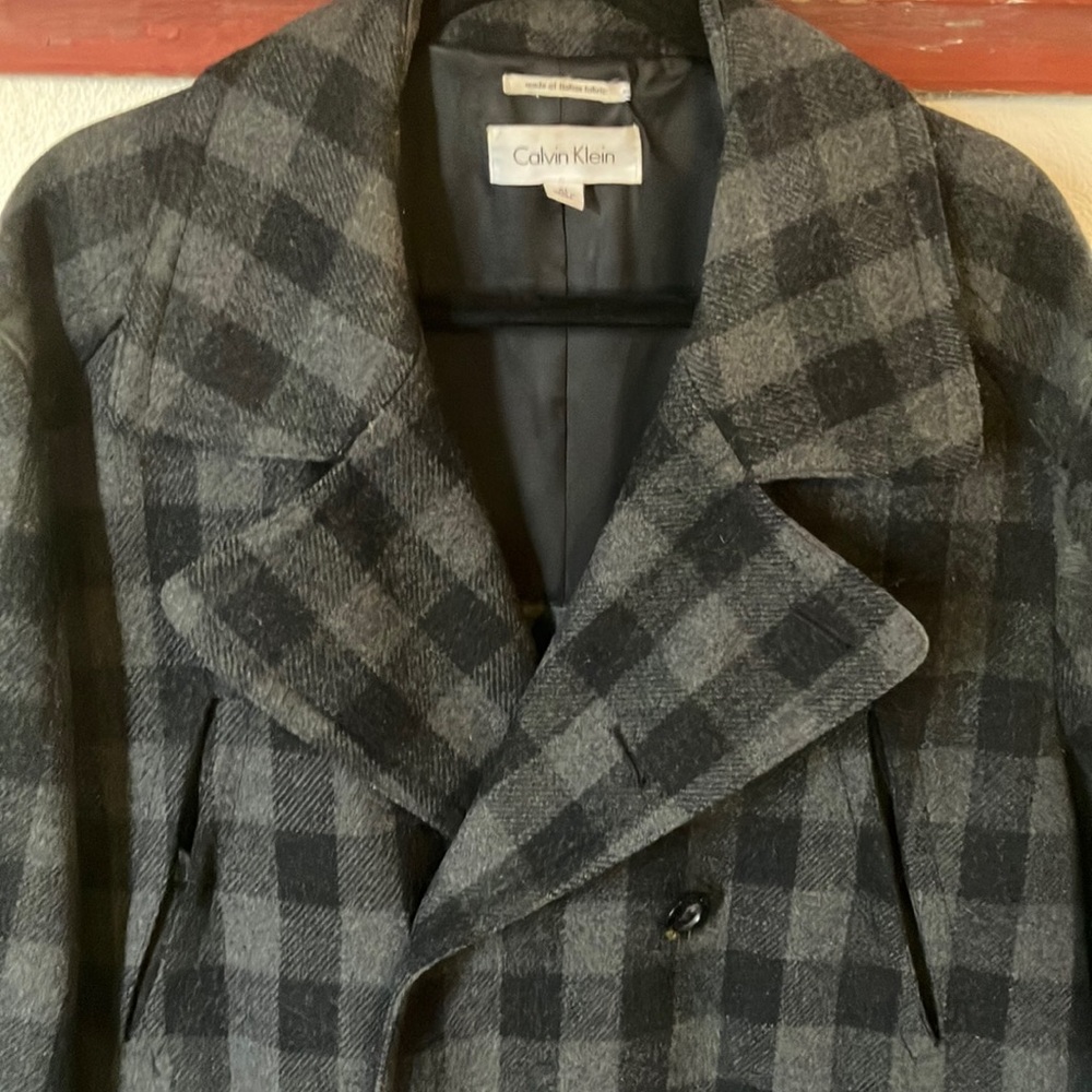 Calvin Klein Black and Gray Plaid Pea Coat - Picture 3 of 8